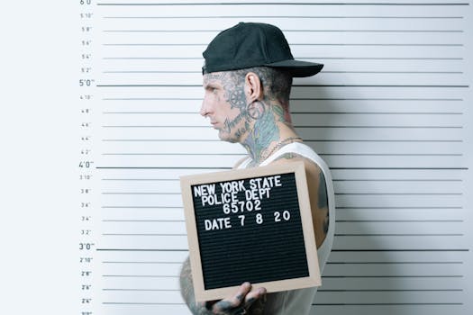 Side view of tattooed man holding mugshot board in police lineup.